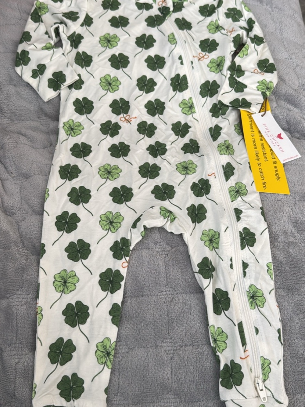 Pink Chicken One-Piece Romper zip up White with Green Clover Print